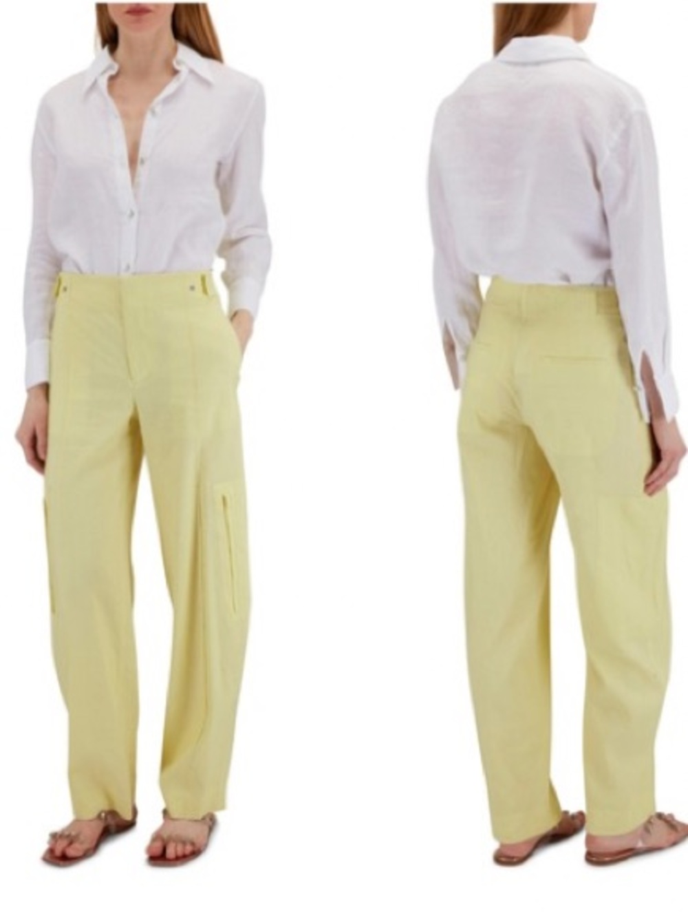 Vince Pomelo Yellow Linen Trousers Sz 2 High Rise Utility Pants Adjustable Waist